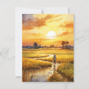 Goldener Sonnenuntergang über Reisfeldern Postkarte