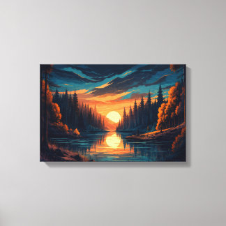 Goldener Sonnenuntergangs-Wald-Fluss-Leinwand-Wand Leinwanddruck