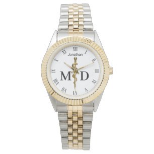 Goldener Stab des Asklepios auf Weiß Medizinischer Armbanduhr