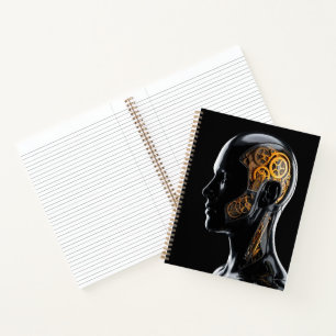 Goldener Steampunk-Cyborg mit leuchtend blauem Neo Notizbuch