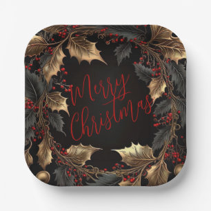 Goldener Stechpalmenkranz – Elegantes Weihnachten Pappteller