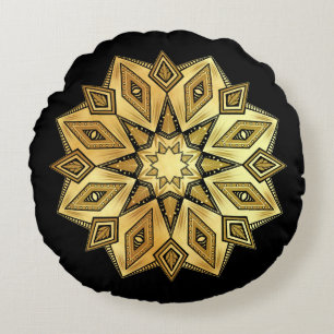 Goldener Stern-Mandala auf schwarzem Hintergrund Rundes Kissen