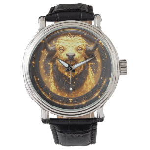 Goldener Stier innerhalb eines kreisförmigen Zodia Armbanduhr