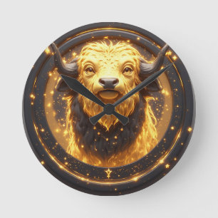 Goldener Stier innerhalb eines kreisförmigen Zodia Runde Wanduhr