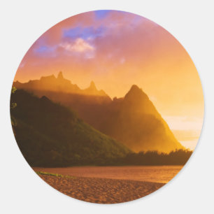 Goldener Strandsonnenuntergang, Hawaii Runder Aufkleber