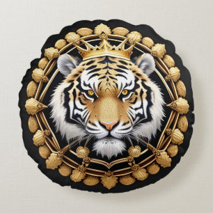 Goldener Tiger mit Krone, umrahmt von aufwendigem  Rundes Kissen