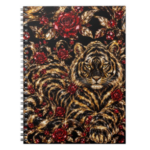 Goldener Tiger & Rote Rosen Florale Kunst Notizblock