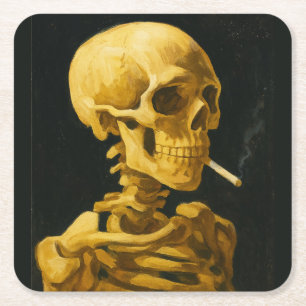 Goldener Totenkopf raucht – Einzigartige Van Gogh- Rechteckiger Pappuntersetzer