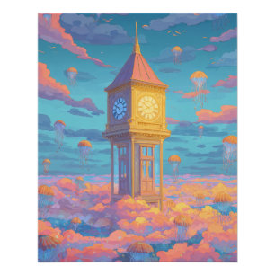 Goldener Uhrturm Pastell-Himmel Fantasy-Kunst Poster