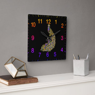 Goldener und violetter Pfau schimmert hell Quadratische Wanduhr
