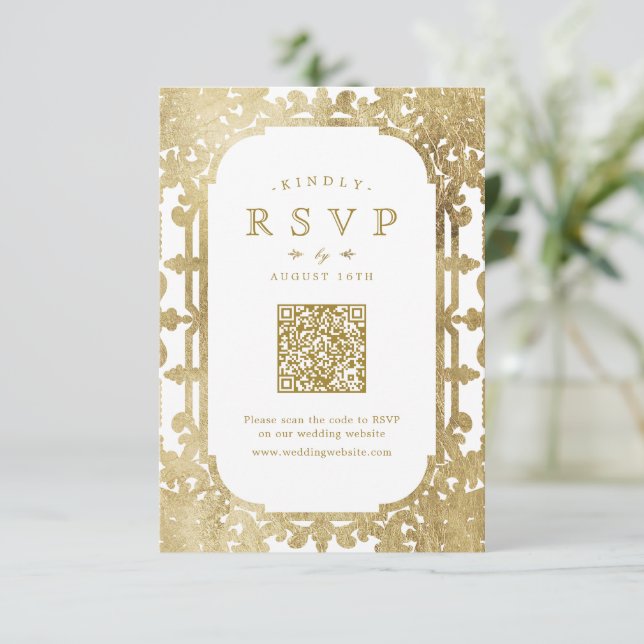 Goldener verziert romantischer Vintager QR-Code RSVP Karte (Stehend Vorderseite)
