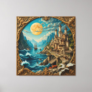 Goldener Vollmond am Küsten-Fantasiedorf Leinwanddruck