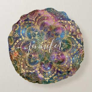 Goldener Wasserfarbennebel Gold Mandala Individuel Rundes Kissen