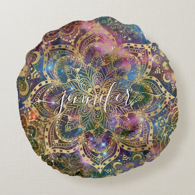 Goldener Wasserfarbennebel Gold Mandala Individuel Rundes Kissen (Rückseite)