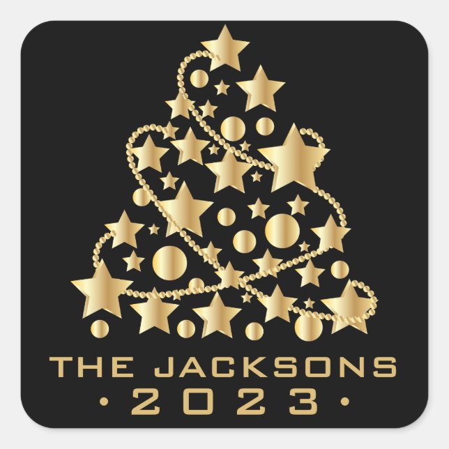 Goldener Weihnachtsbaum auf der Black Classic Roun Quadratischer Aufkleber (Vorderseite)