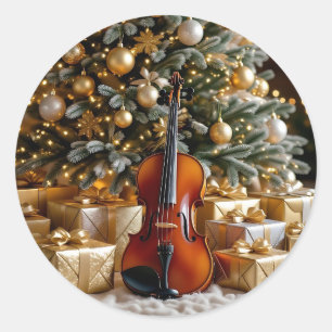 Goldener Weihnachtsbaum, Geschenke und Violine Runder Aufkleber