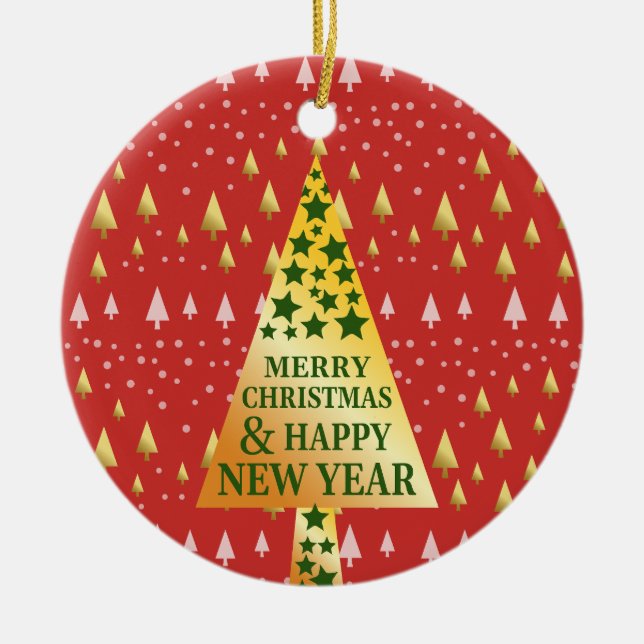 Goldener Weihnachtsbaum - Rote Landschaft Keramik Ornament (Vorne)