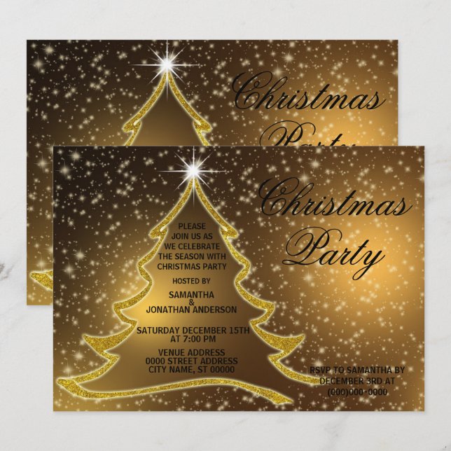 Goldener Weihnachtsbaum Sparkle Goldenes Party Einladung (Vorne/Hinten)