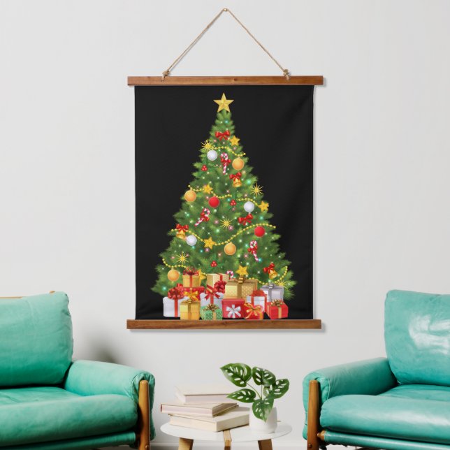Goldener Weihnachtsbaum und Vorführungen Weihnacht Wandteppich Mit Holzrahmen (Wohnzimmer)