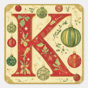 Goldener Weihnachtsbrief K mit Grün Quadratischer Aufkleber
