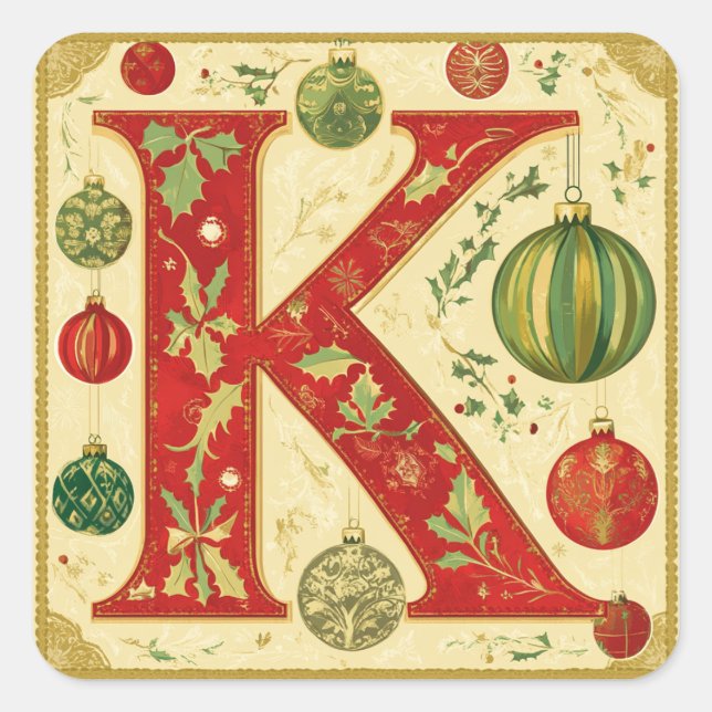 Goldener Weihnachtsbrief K mit Grün Quadratischer Aufkleber (Vorderseite)