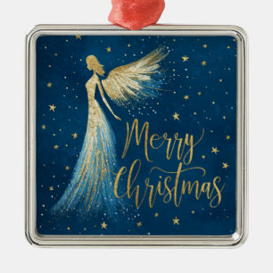 Goldener Weihnachtsengel auf sternblauem Hintergru Ornament Aus Metall