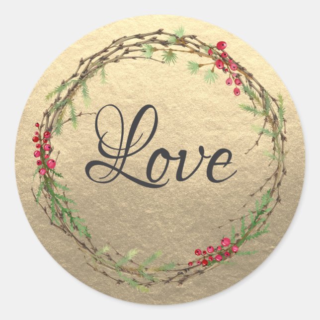 Goldener Weihnachtskranz Liebe Runder Aufkleber (Vorderseite)