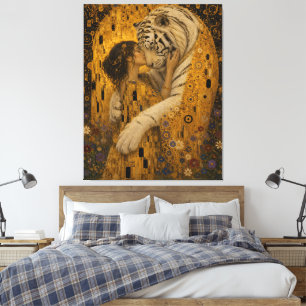 Goldener Weißer Tiger Ewiger Kuss Fantasy-Kunst Leinwanddruck
