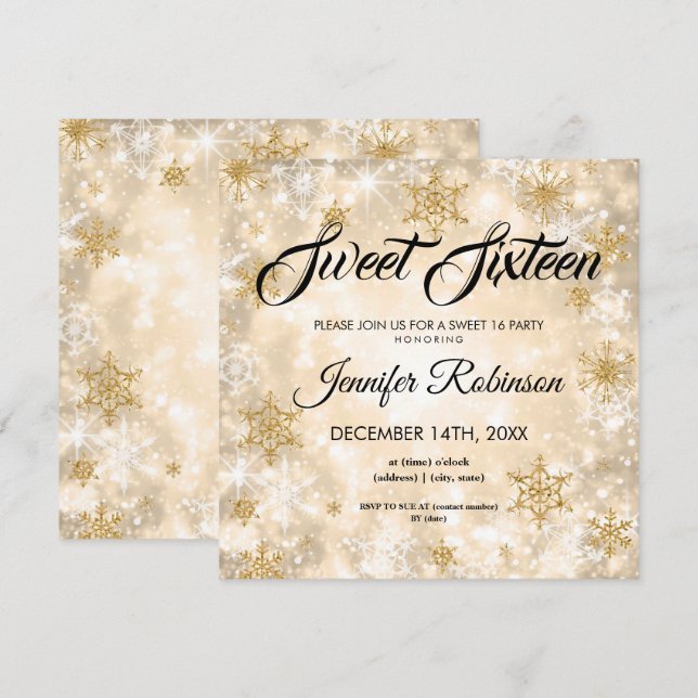 Goldener Winter Süß 16 Glitzer Sparkle Einladung (Vorne/Hinten)