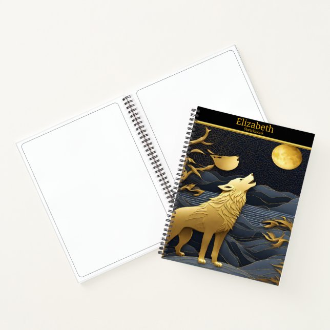 Goldener Wolf heult auf dem Mond Notizbuch (Innenseite)
