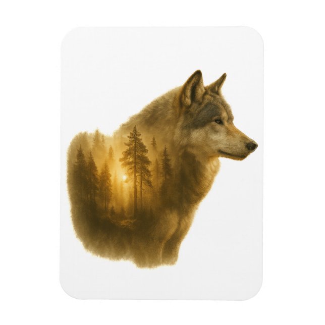 Goldener Wolfgeist – Double-Exposure-Waldkunst Magnet (Vertikal)