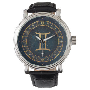 Goldener Zwillinge-Tierkreis mit Sternennacht Armbanduhr