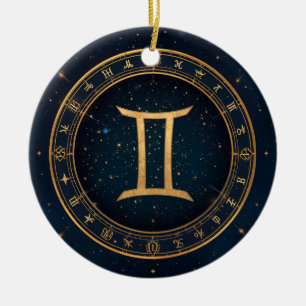 Goldener Zwillinge-Tierkreis mit Sternennacht Keramik Ornament