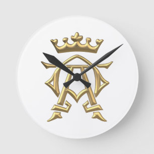 Goldenes "3-D" Alpha und Omegas w/Crown Symbol Runde Wanduhr