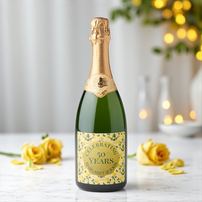 Goldenes 50-jähriges Jubiläum (Golden 50th anniversary champagne label with yellow roses and elegant script)