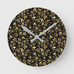 Goldenes abstraktes Floral auf schwarzem Hintergru Runde Wanduhr