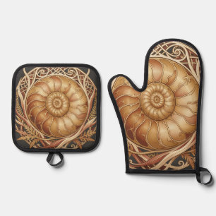 Goldenes Ammoniten-Fossil keltischer Rahmen verzie Ofenhandschuh & Topflappen-Set