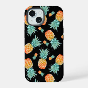 Goldenes Ananas-Muster auf Schwarz Maßgeschneide iPhone 15 Hülle