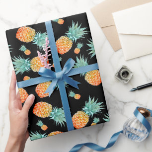 Goldenes Ananas-Muster auf schwarz   Tropisches Ob Geschenkpapier