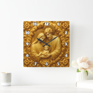 Goldenes Andachtsrelief der Heiligen Familie Quadratische Wanduhr