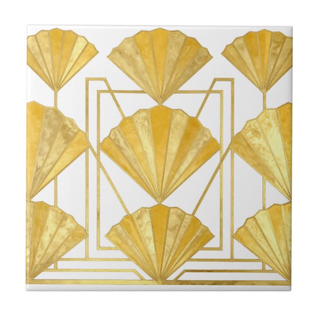 Goldenes Art Deco Fächer-Muster Fliese (Vorderseite)