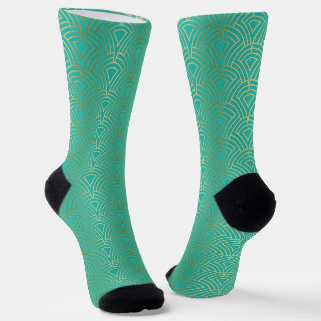 Goldenes Art-Deco-Muster auf blau-grün Socken (Gewinkelt)