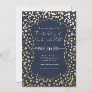 Goldenes Baby's Atem Floral Rustikal Blaue Hochzei Einladung
