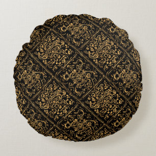 Goldenes barockes Ornament auf Schwarz Rundes Kissen