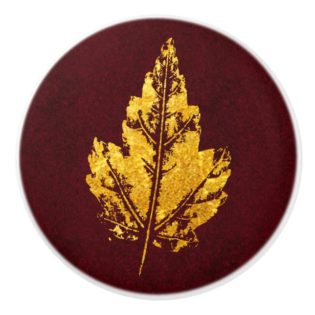 Goldenes Blatt auf Burgunder - Kabinettgriff Keramikknauf (Vorderseite)