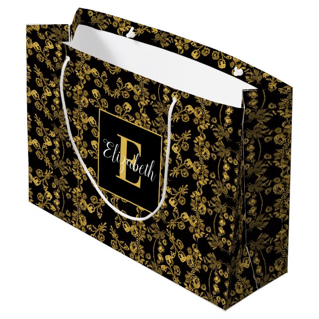 Goldenes Blatt und schwarzer Luxus | Monogramm Große Geschenktüte (Rückseite Schrägansicht)