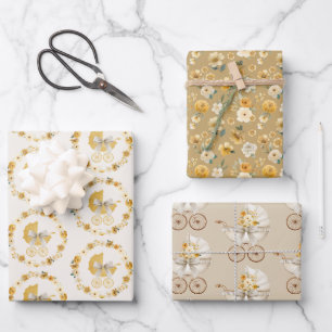 Goldenes Blumen-Kinderwagen-Motiv für Baby Shower Geschenkpapier Set