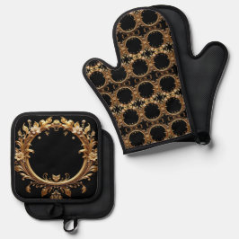 Goldenes Blumen-Ornament-Ofenhandschuh- und Topfla Ofenhandschuh & Topflappen-Set