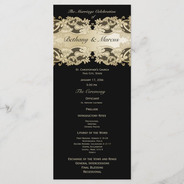 Goldenes Blumen-Spitzen-Hochzeitsprogramm Programm (Vorderseite)