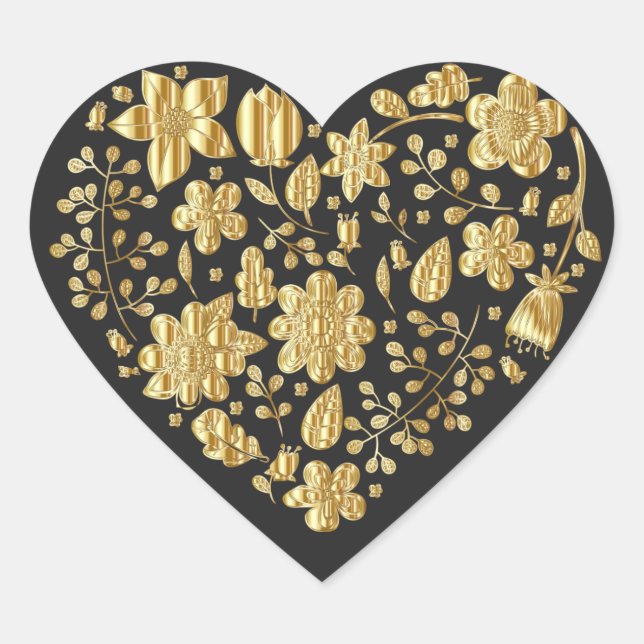 Goldenes Blumenherz Herz-Aufkleber (Vorderseite)